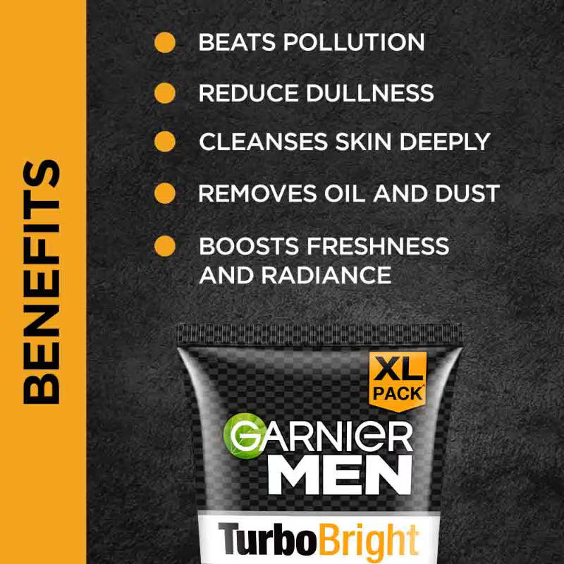 Garnier Men Turbo Bright Double Action Face Wash, Deep Cleansing Anti Pollution Face Wash