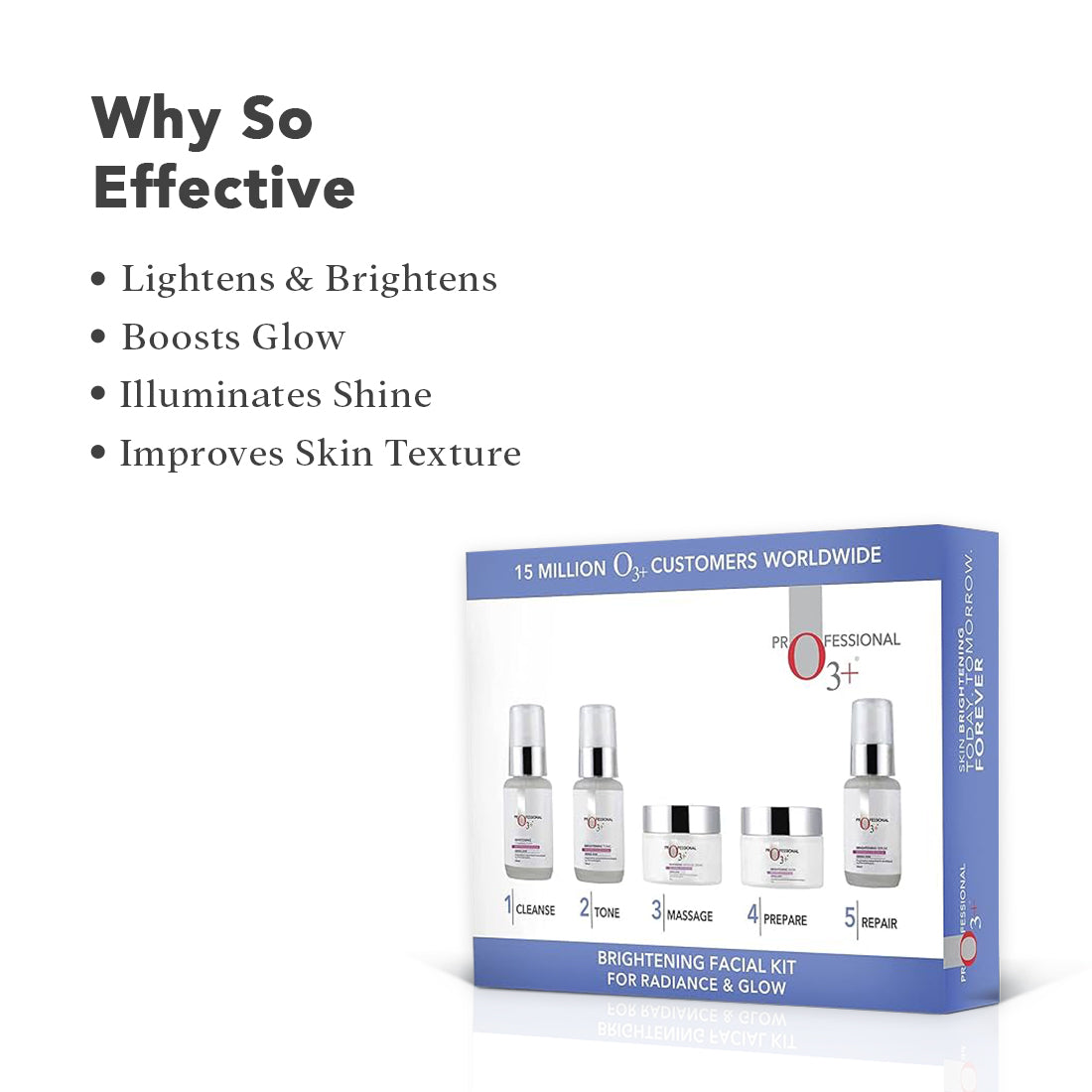 O3+ Brightening Facial Kit contents all 5 steps