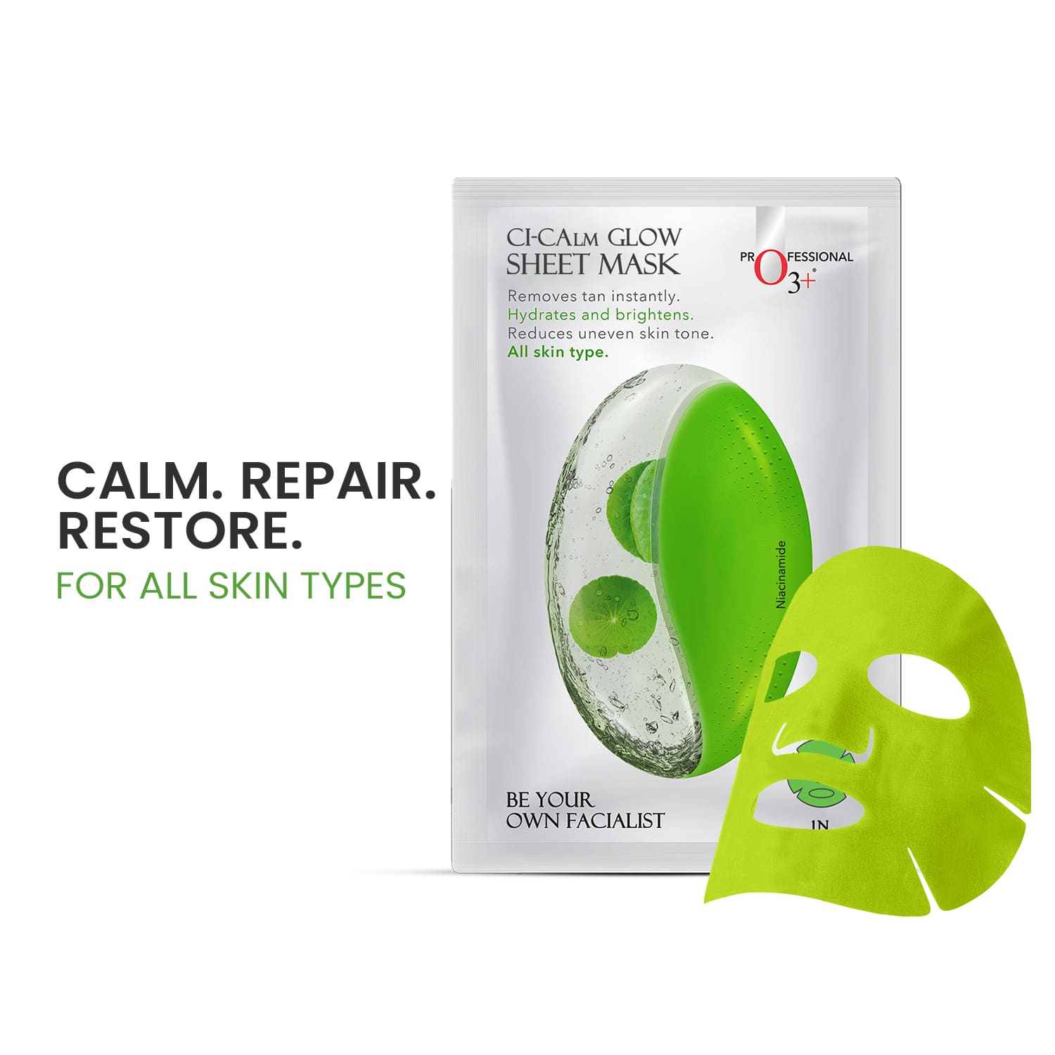O3+ Ci-Calm Glow Sheet Mask benefits - barrier repair anti redness