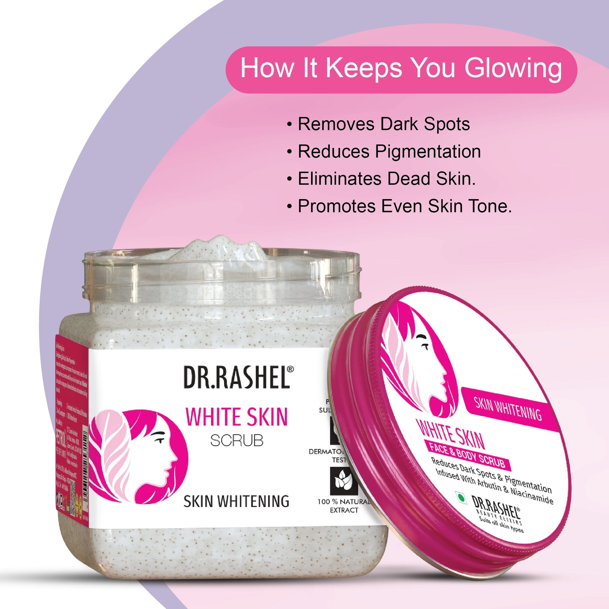 Dr. Rashel White Skin Scrub key benefits panel